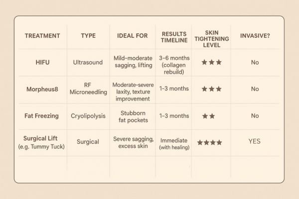 Table showing the comparisons of Skin tightening Dagenham treatment options.